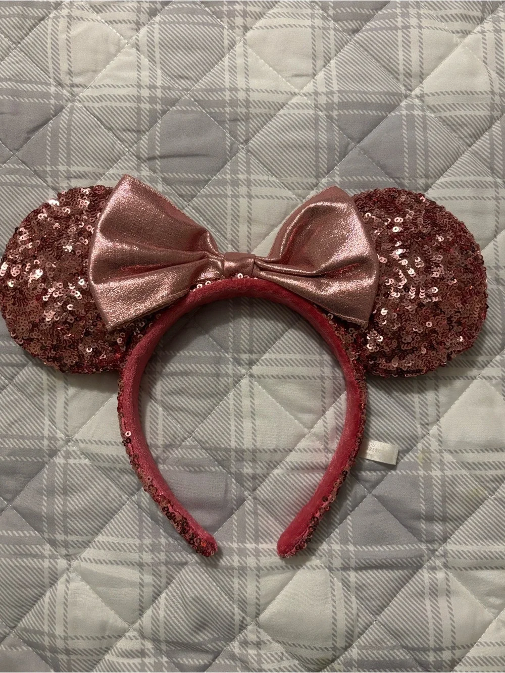 Disney Headband Sequins Minnie Mouse Pink Ears Metallic Pink Ribbon Tokyo Resort